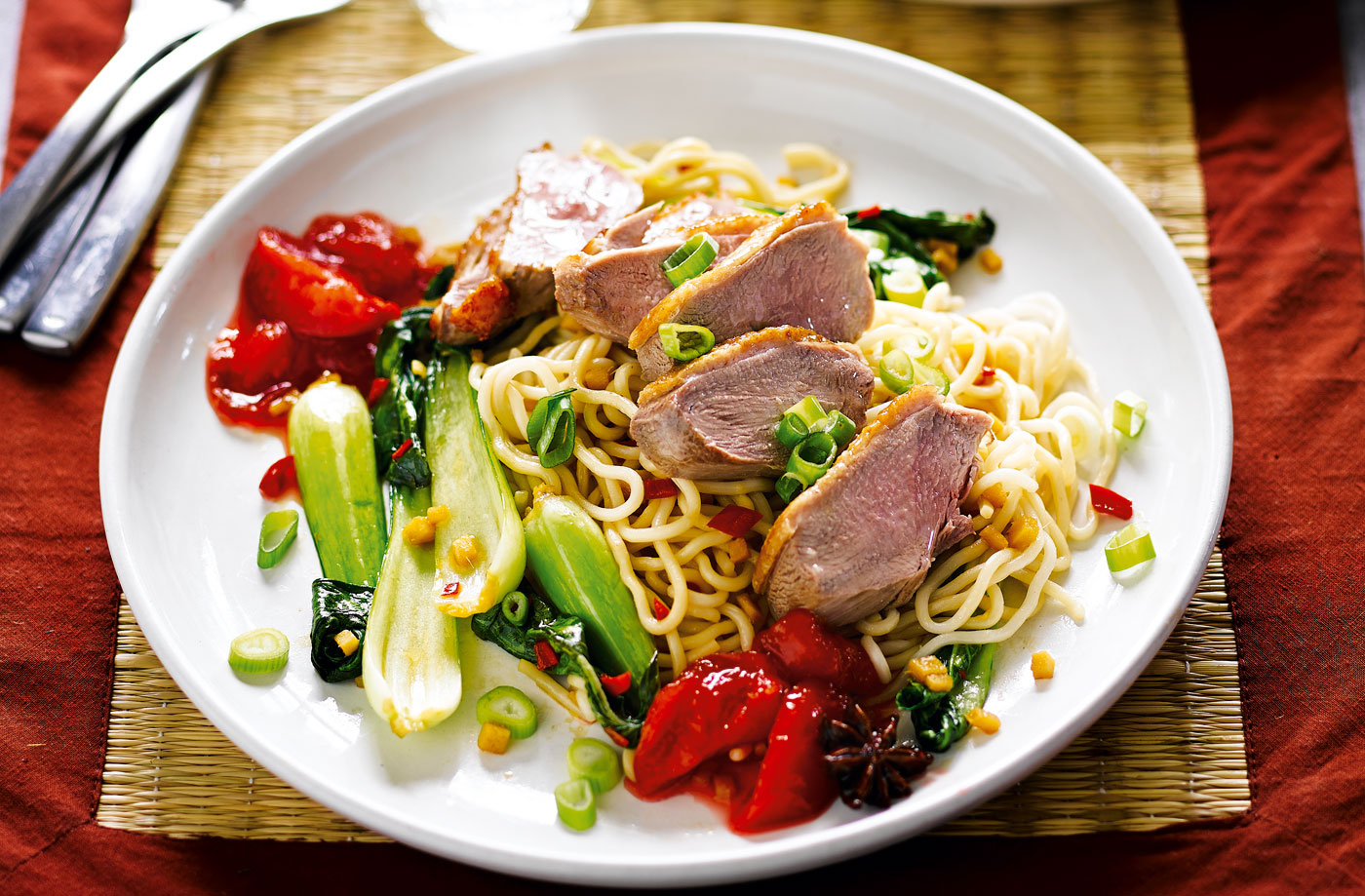 Smoked Duck Noodles with Plum Sauce